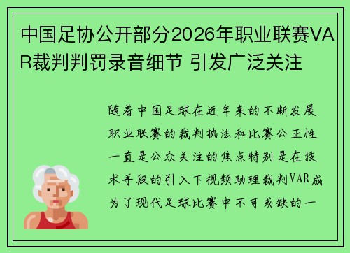 中国足协公开部分2026年职业联赛VAR裁判判罚录音细节 引发广泛关注